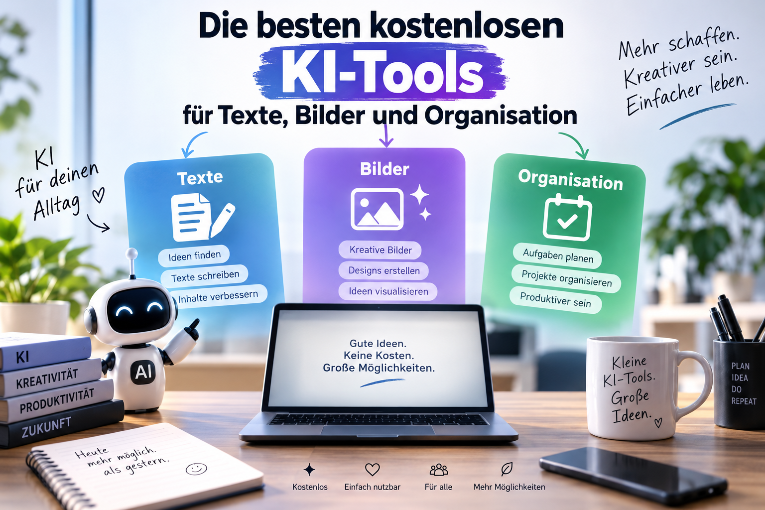 Die besten kostenlosen KI-Tools für Texte, Bilder und Organisation
